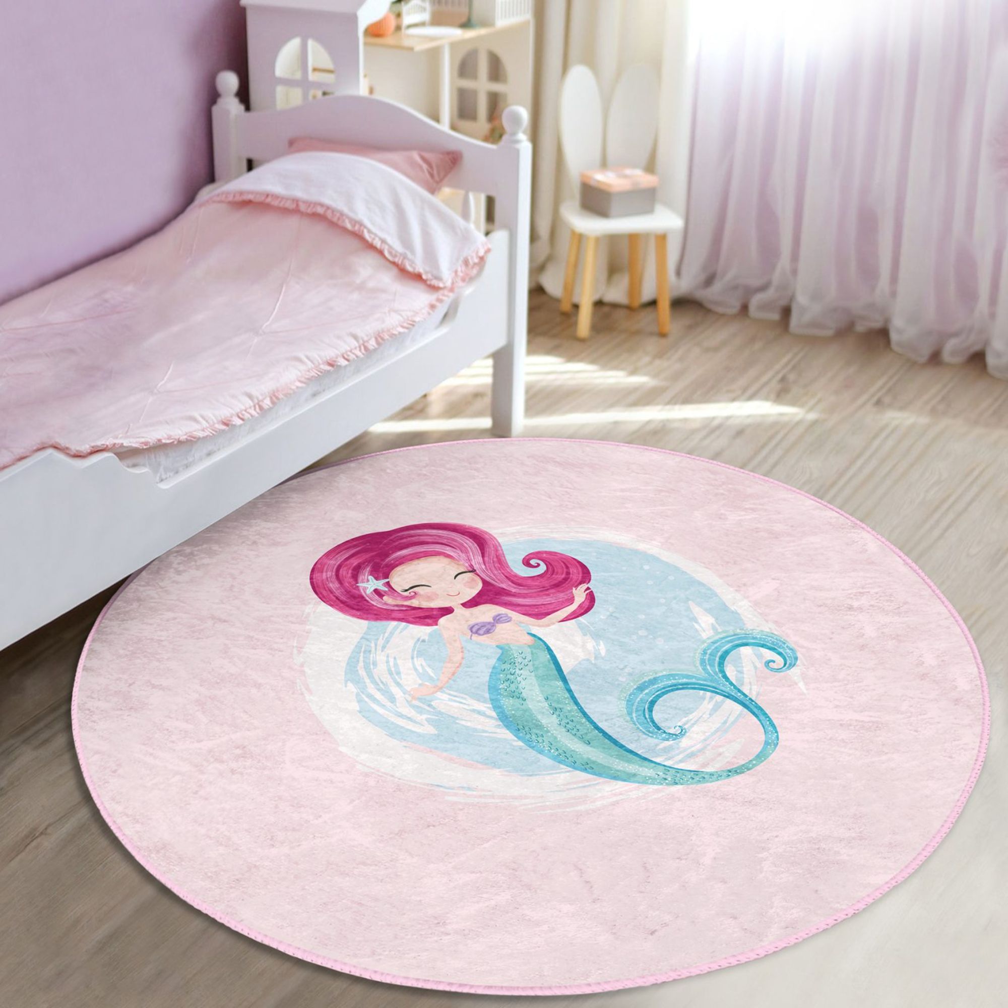 Homeezone Girls' Room Mermaid Printed Pink Washable Rug featuring vibrant mermaid design and soft velvet fabric, perfect for children's rooms.