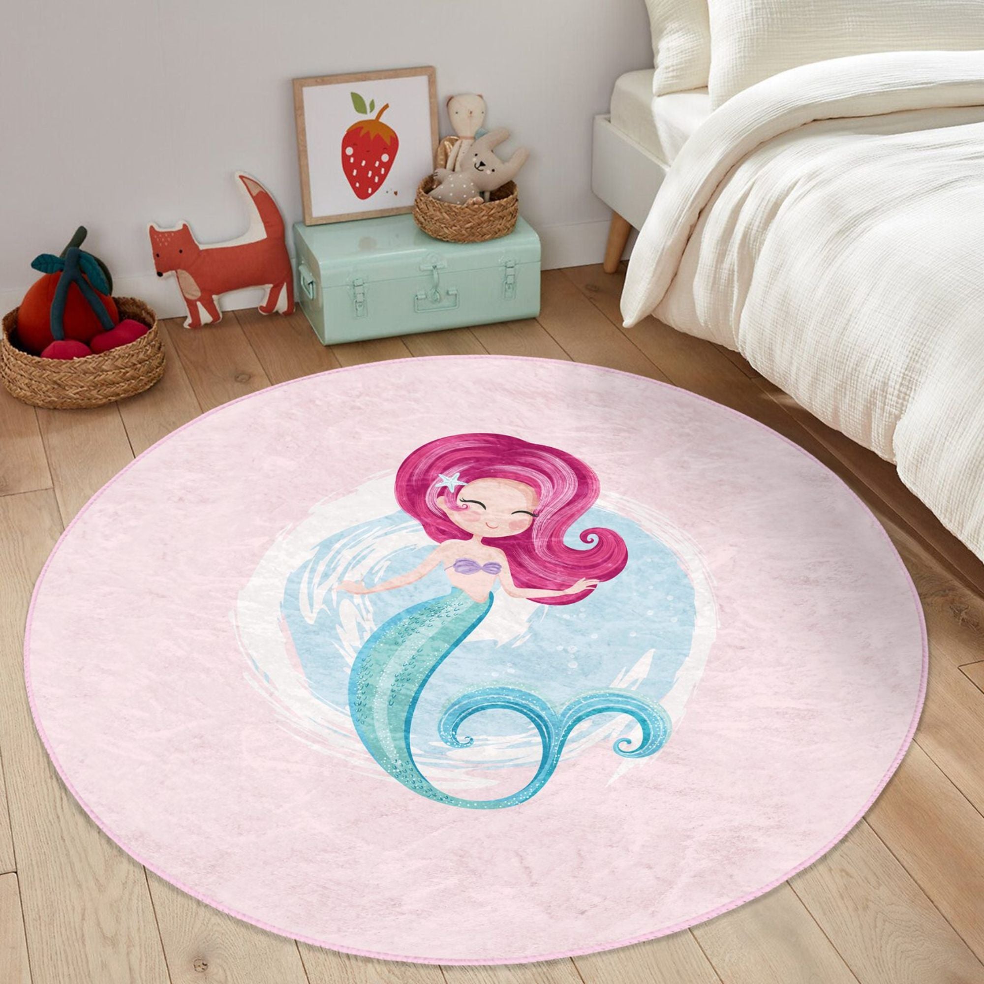 Homeezone Girls' Room Mermaid Printed Pink Washable Rug featuring vibrant mermaid design and soft velvet fabric, perfect for children's rooms.