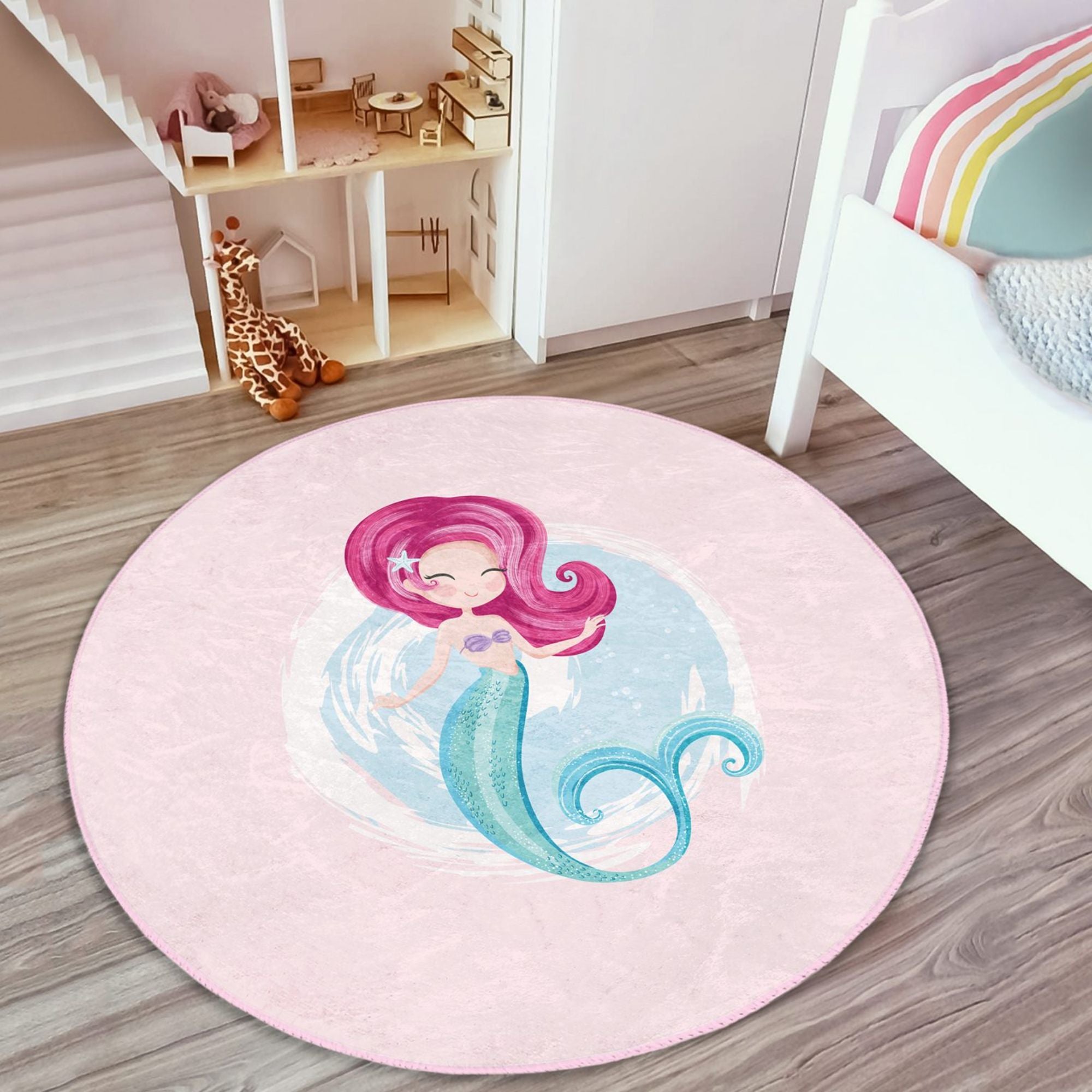 Homeezone Girls' Room Mermaid Printed Pink Washable Rug featuring vibrant mermaid design and soft velvet fabric, perfect for children's rooms.