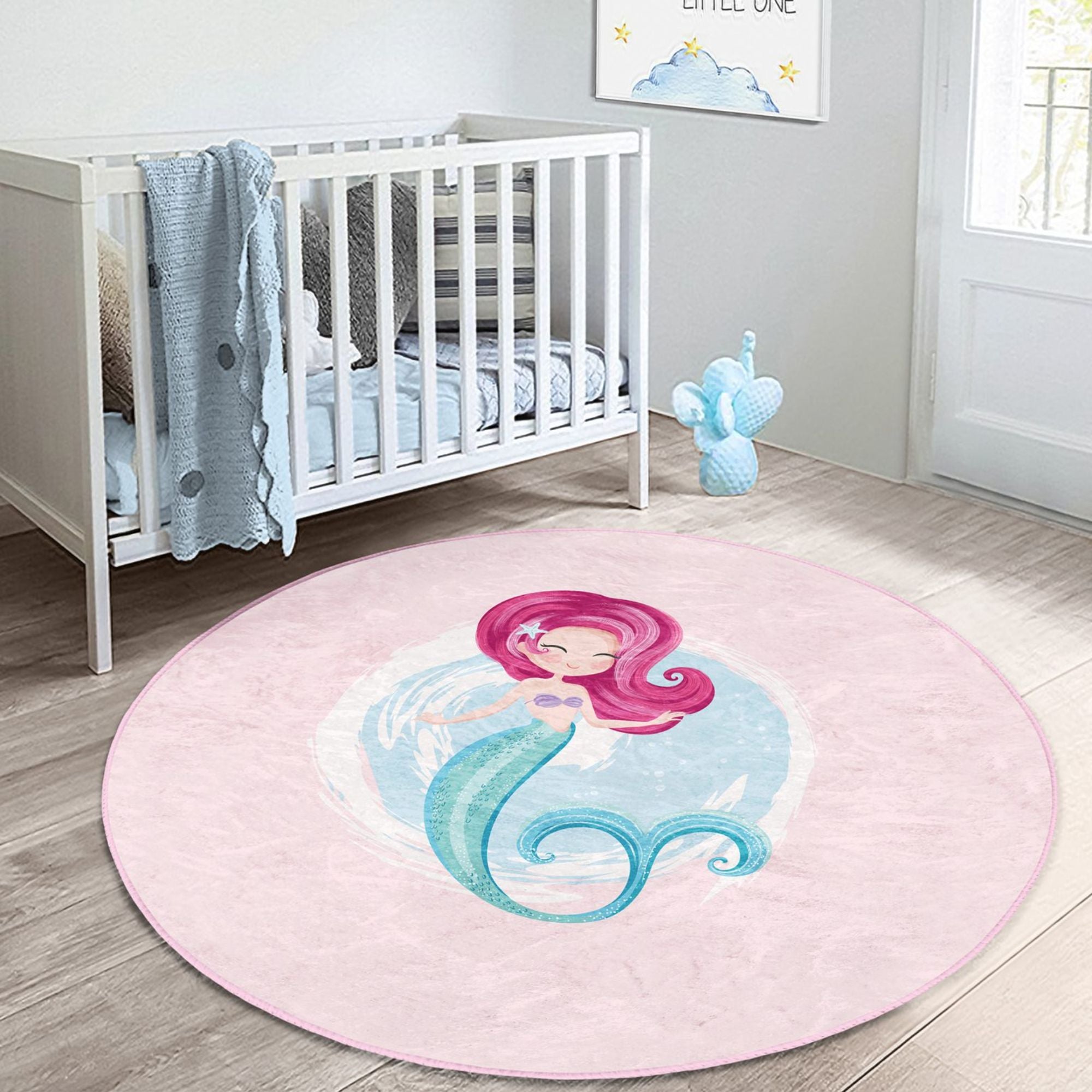 Homeezone Girls' Room Mermaid Printed Pink Washable Rug featuring vibrant mermaid design and soft velvet fabric, perfect for children's rooms.