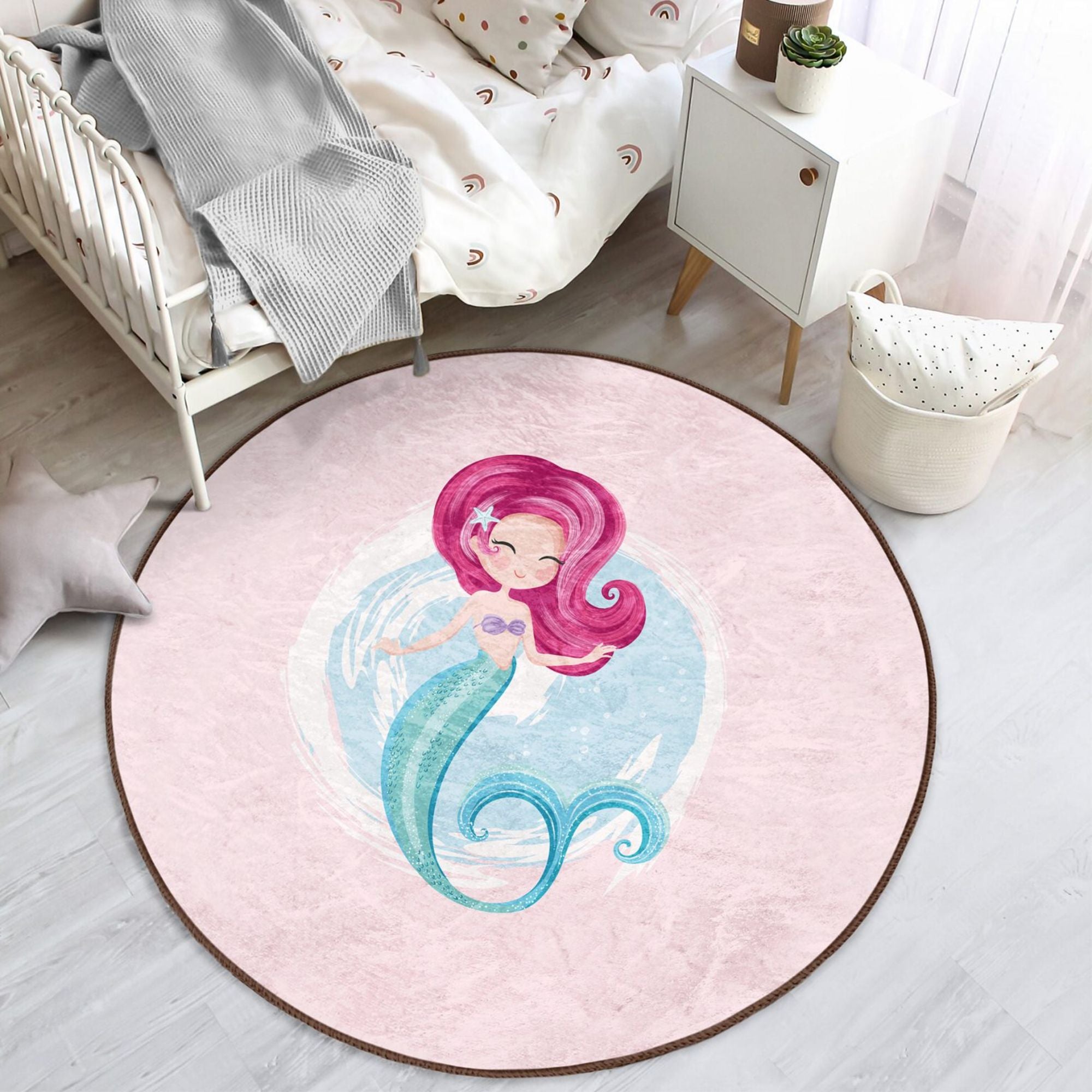 Homeezone Girls' Room Mermaid Printed Pink Washable Rug featuring vibrant mermaid design and soft velvet fabric, perfect for children's rooms.