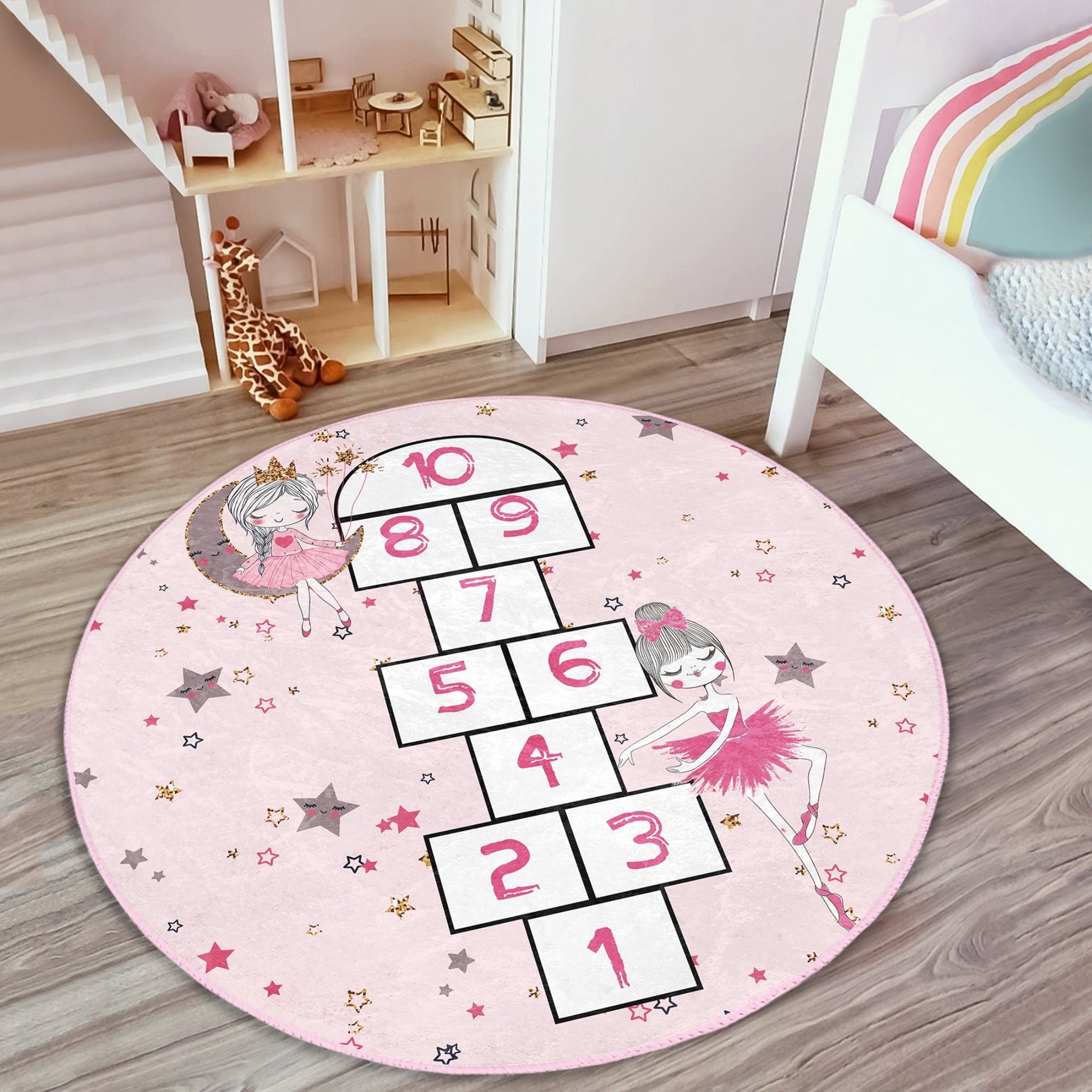 Girls Room Pink Hopscotch Washable Round Rug featuring a vibrant hopscotch design, soft texture, and round shape, perfect for children's play areas.