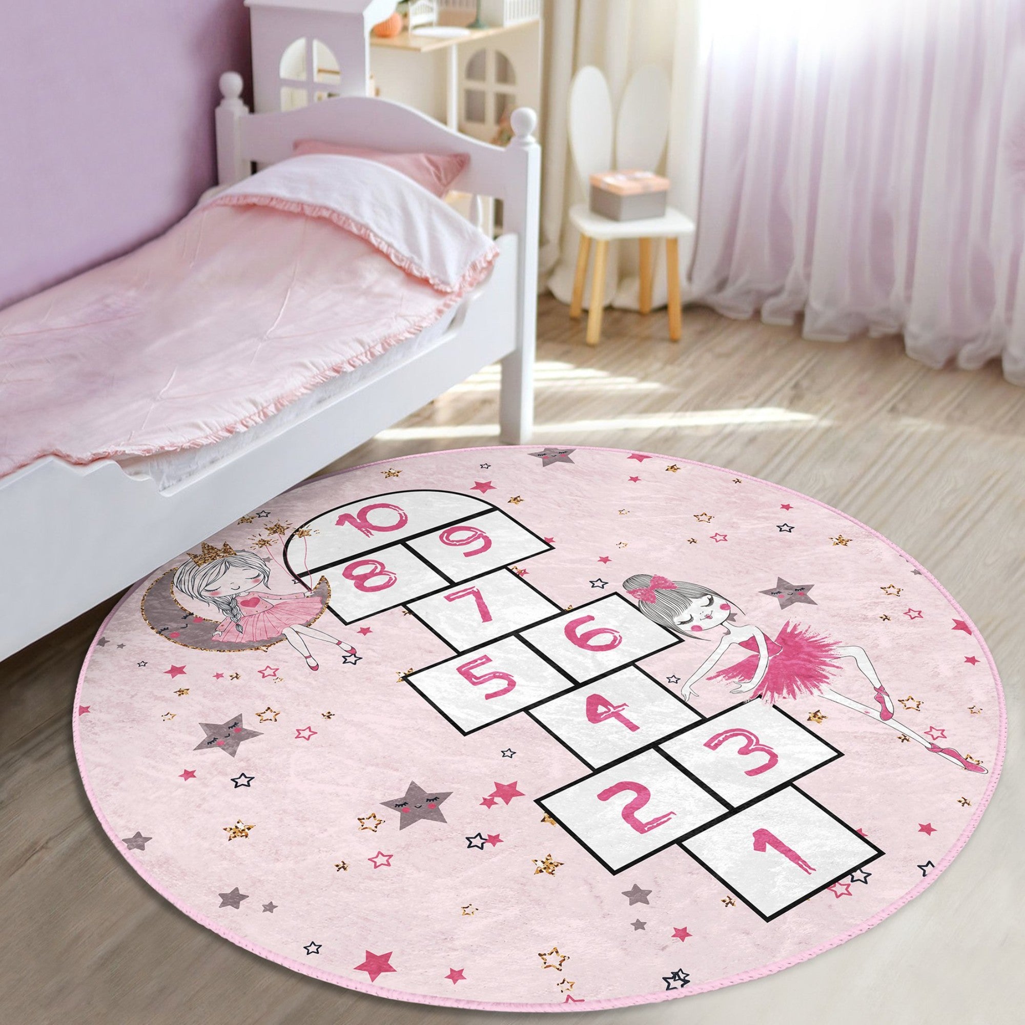 Girls Room Pink Hopscotch Washable Round Rug featuring a vibrant hopscotch design, soft texture, and round shape, perfect for children's play areas.