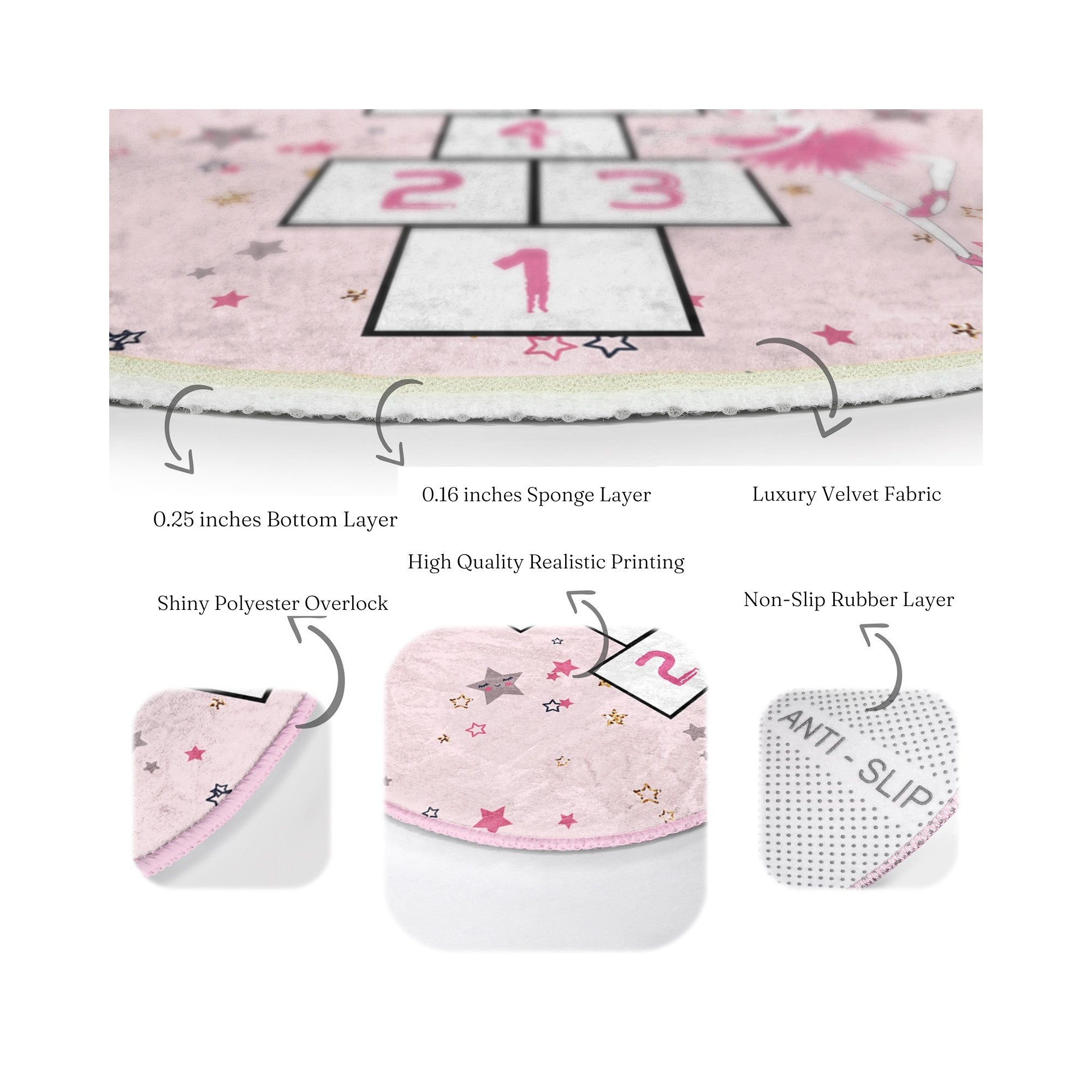 Girls Room Pink Hopscotch Washable Round Rug featuring a vibrant hopscotch design, soft texture, and round shape, perfect for children's play areas.