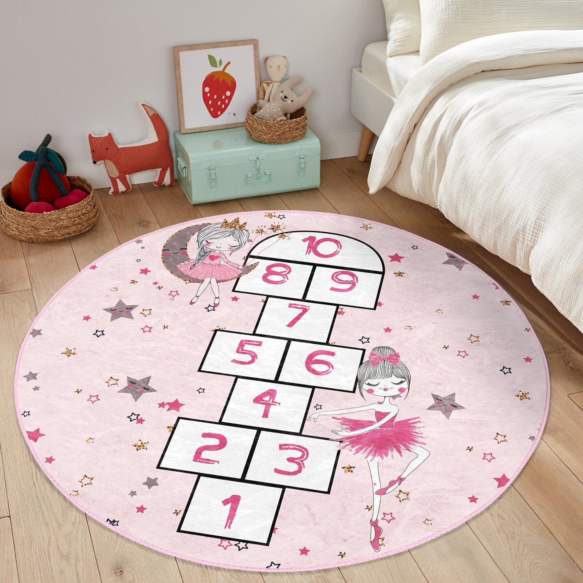 Girls Room Pink Hopscotch Washable Round Rug featuring a vibrant hopscotch design, soft texture, and round shape, perfect for children's play areas.