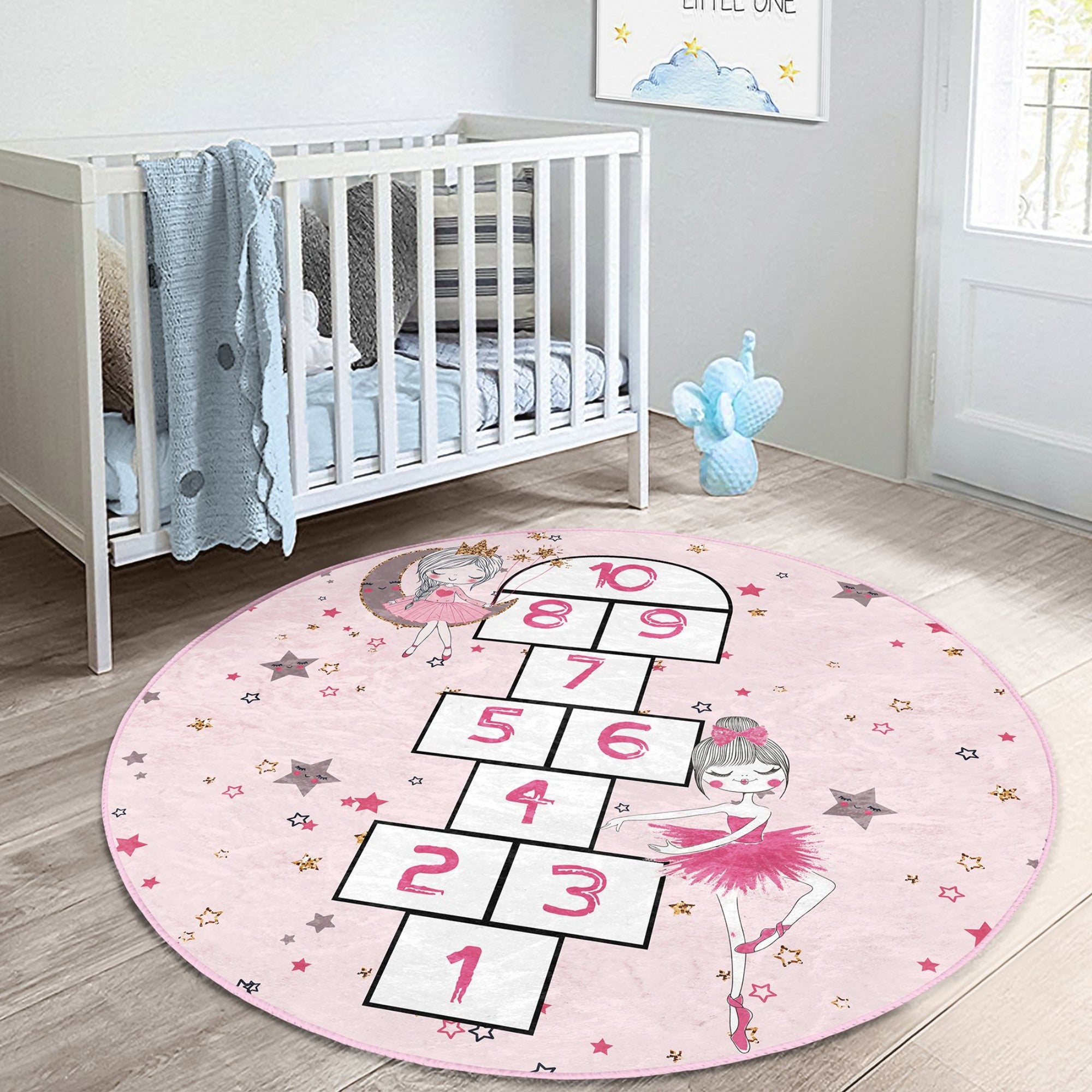 Girls Room Pink Hopscotch Washable Round Rug featuring a vibrant hopscotch design, soft texture, and round shape, perfect for children's play areas.