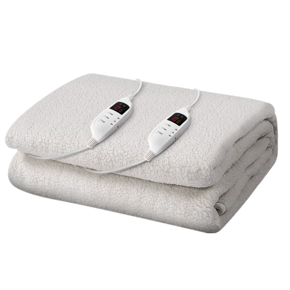 Giselle Bedding Double Size Electric Blanket in white fleece fabric, showcasing its soft texture and detachable remote control.