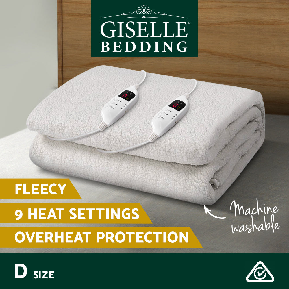 Giselle Bedding Double Size Electric Blanket in white fleece fabric, showcasing its soft texture and detachable remote control.