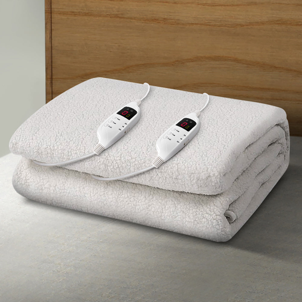 Giselle Bedding Double Size Electric Blanket in white fleece fabric, showcasing its soft texture and detachable remote control.