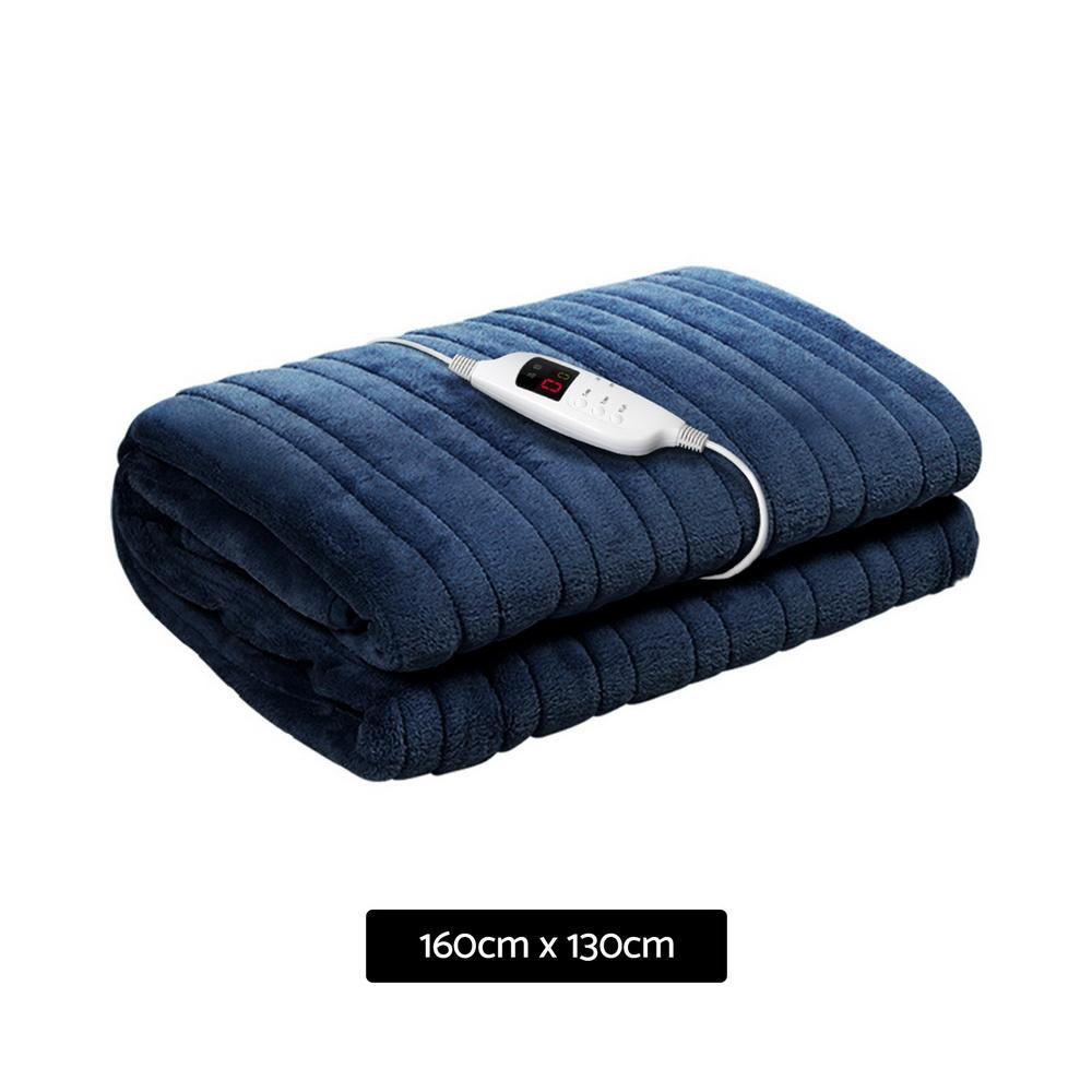 Giselle Bedding Electric Throw Blanket in Navy, showcasing soft coral fleece material and detachable remote control.