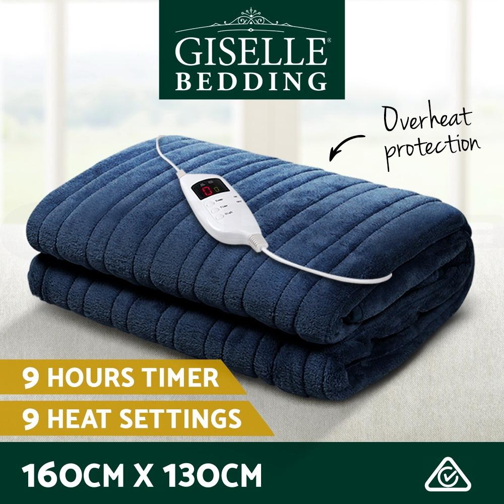 Giselle Bedding Electric Throw Blanket in Navy, showcasing soft coral fleece material and detachable remote control.