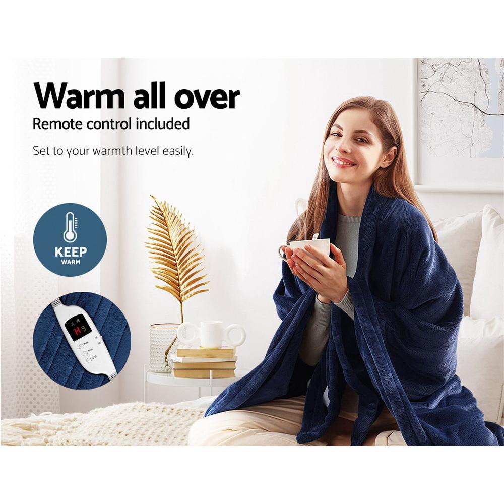 Giselle Bedding Electric Throw Blanket in Navy, showcasing soft coral fleece material and detachable remote control.