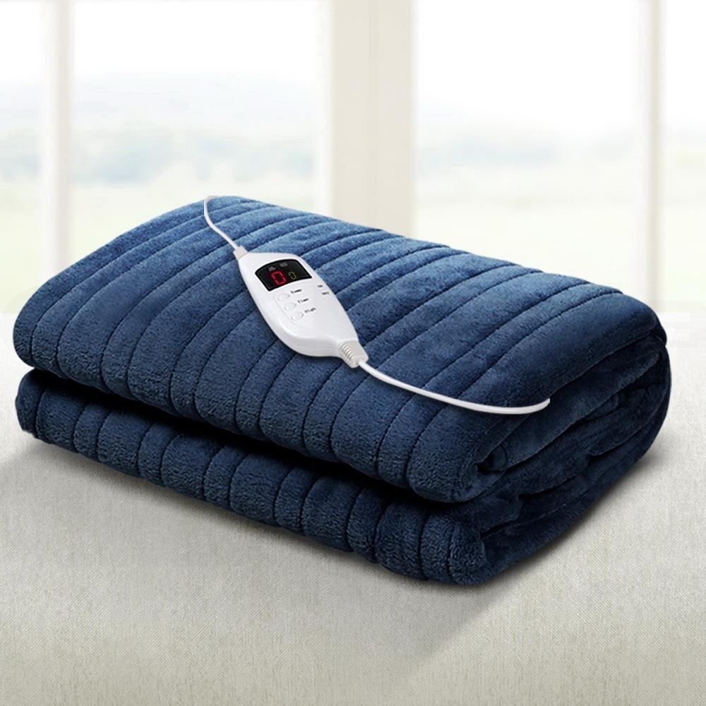 Giselle Bedding Electric Throw Blanket in Navy, showcasing soft coral fleece material and detachable remote control.