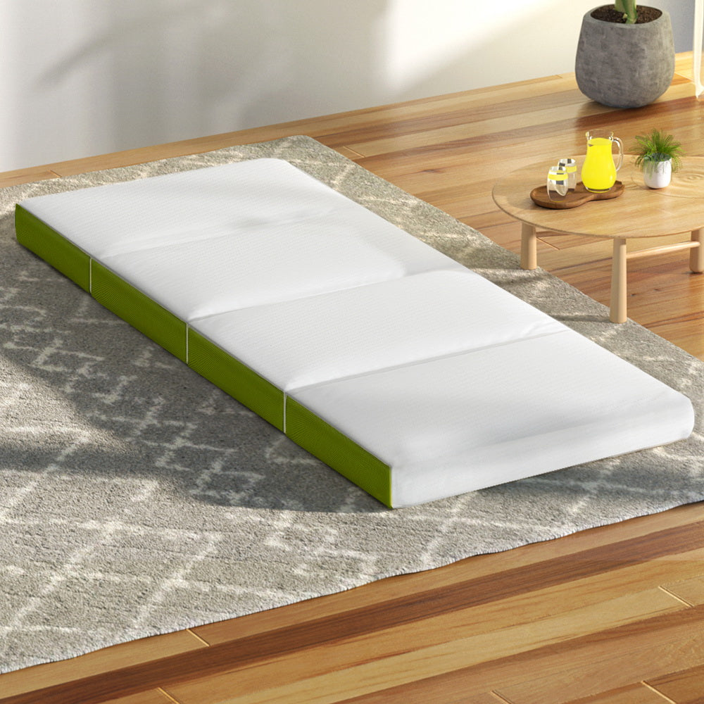 Giselle Bedding Foldable Mattress showcasing its four-fold design and dual-coloured air mesh fabric cover, perfect for camping and sleepovers.