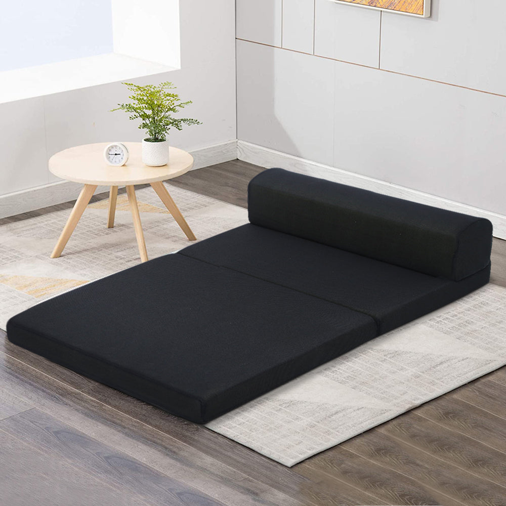 Giselle Bedding Folding Foam Mattress in black, showcasing its dual functionality as a sofa and bed, with a removable cover.