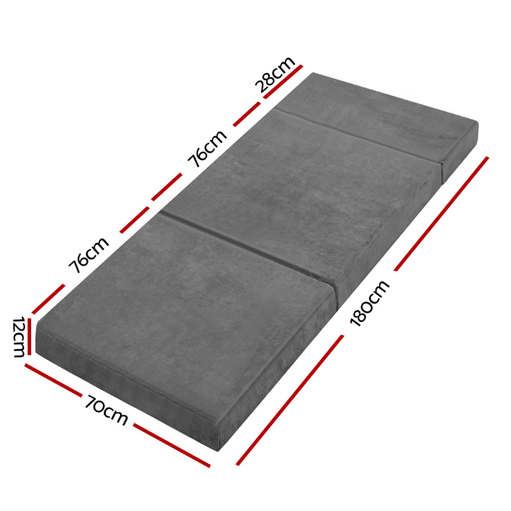 Giselle Bedding Folding Foam Portable Mattress in Grey, showcasing its plush velvet fabric and foldable design.