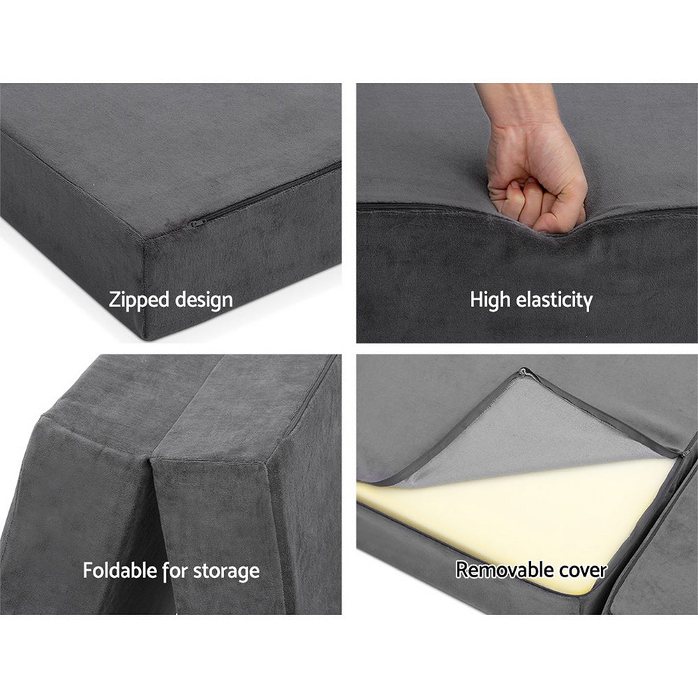 Giselle Bedding Folding Foam Portable Mattress in Grey, showcasing its plush velvet fabric and foldable design.