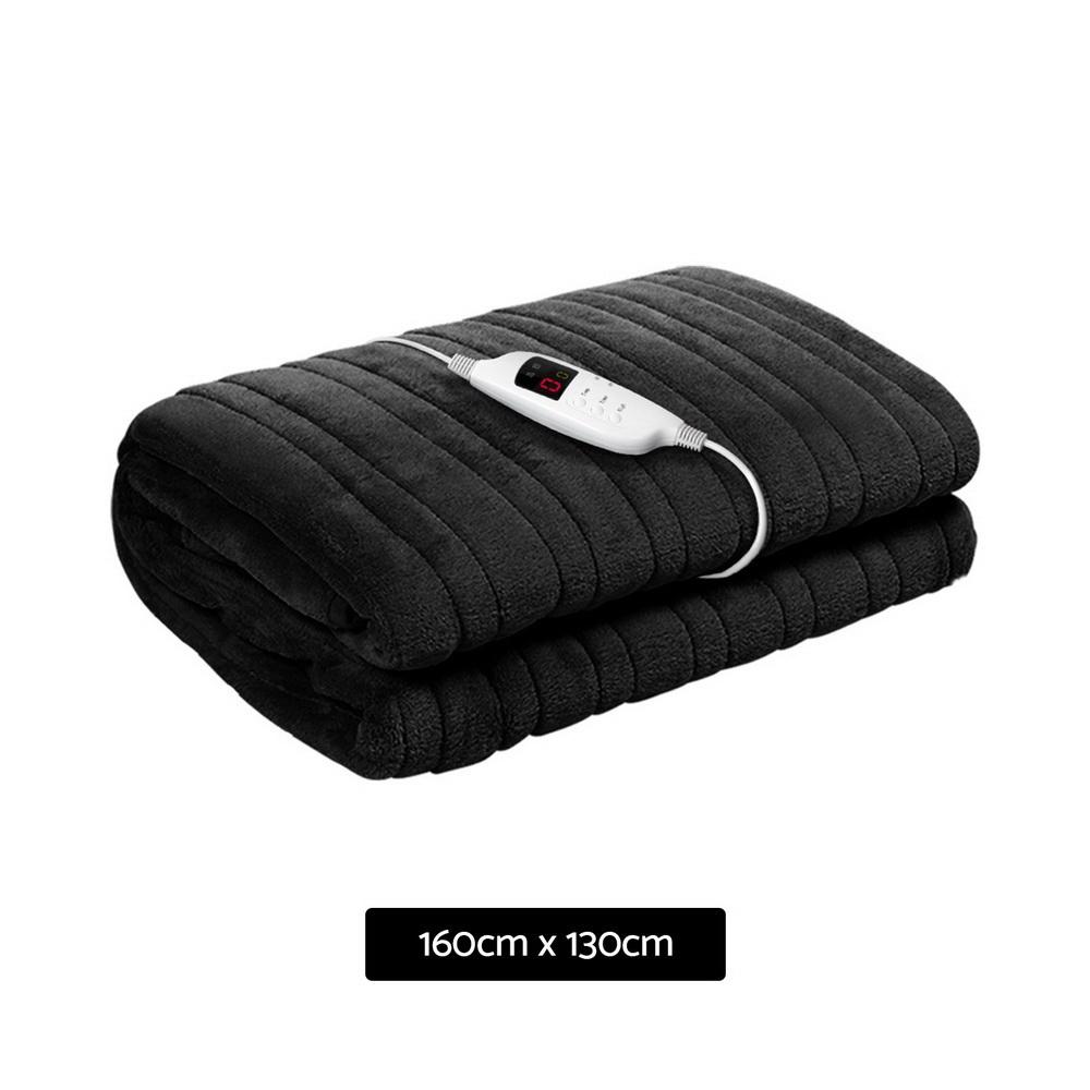 Giselle Bedding Heated Electric Throw Rug in charcoal color, showcasing its soft coral fleece material and detachable remote control.