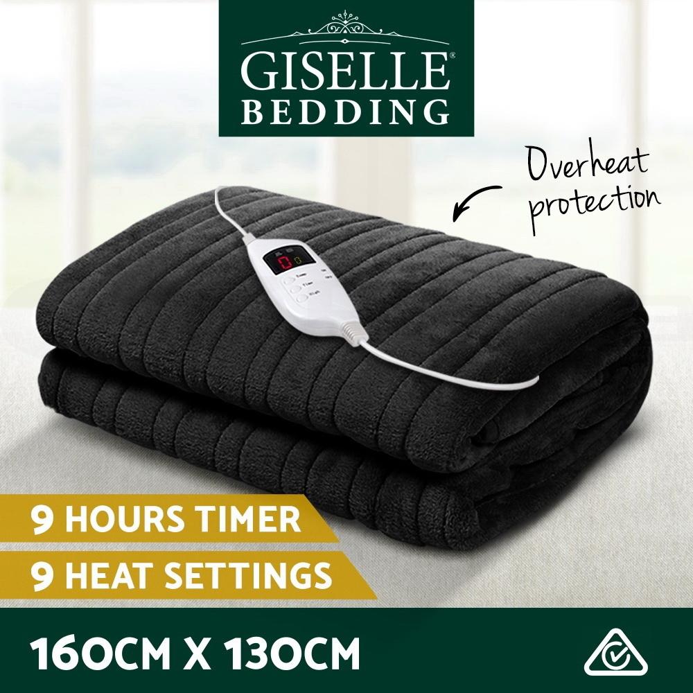 Giselle Bedding Heated Electric Throw Rug in charcoal color, showcasing its soft coral fleece material and detachable remote control.