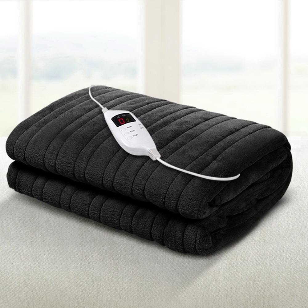 Giselle Bedding Heated Electric Throw Rug in charcoal color, showcasing its soft coral fleece material and detachable remote control.