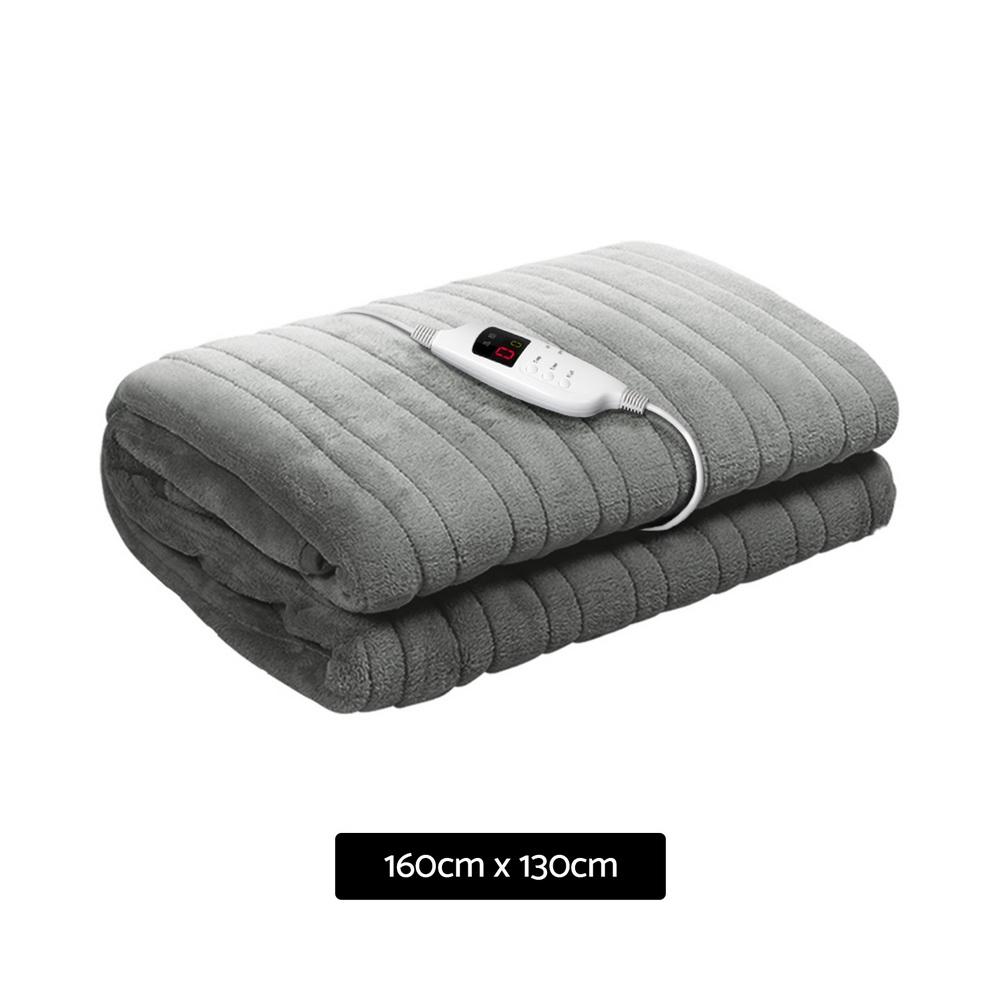 Giselle Bedding Heated Electric Throw Rug in silver, made of soft coral fleece, showcasing its detachable controller and LED display.