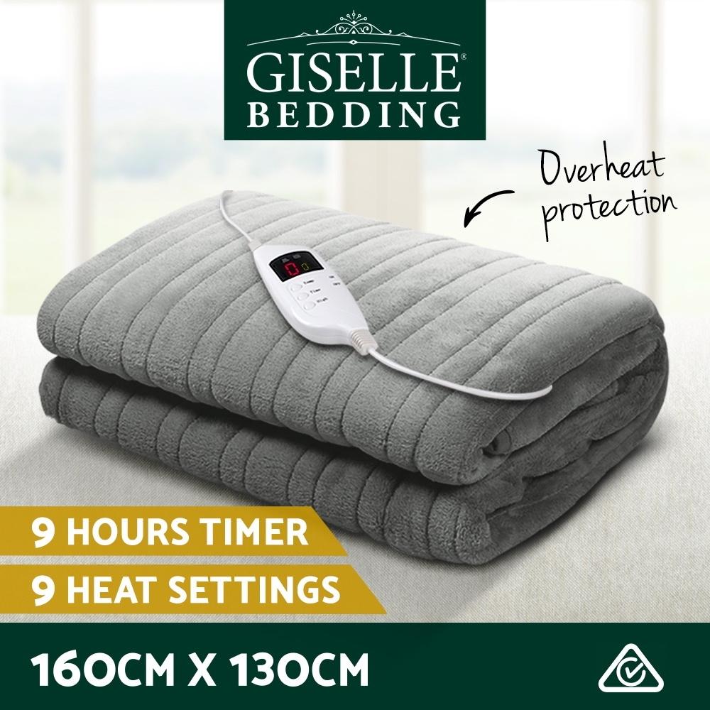 Giselle Bedding Heated Electric Throw Rug in silver, made of soft coral fleece, showcasing its detachable controller and LED display.