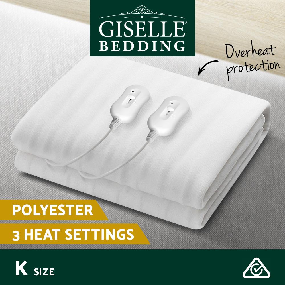 Giselle Bedding King Size Electric Blanket in white, showcasing its soft polyester fabric and detachable remote controls.