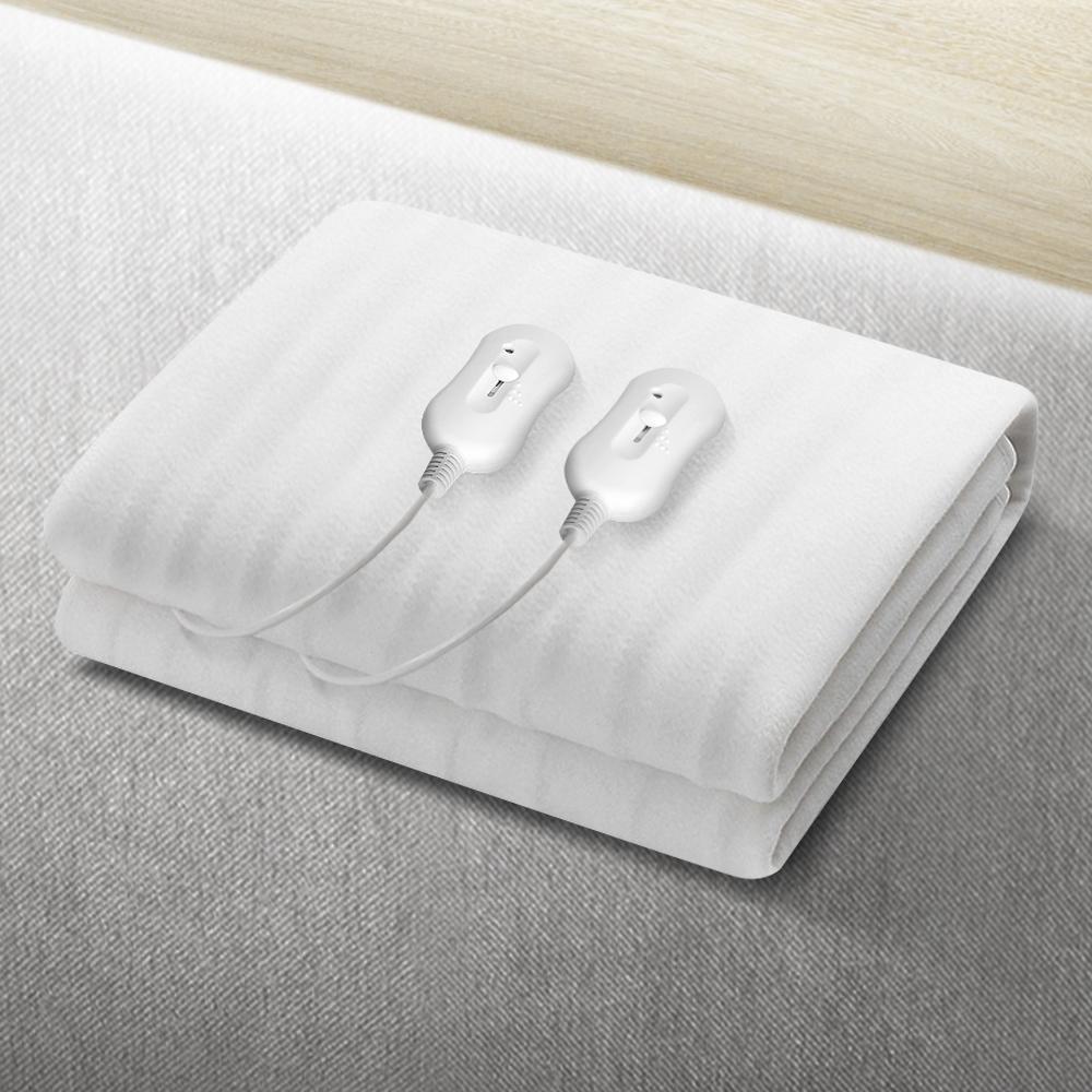 Giselle Bedding King Size Electric Blanket in white, showcasing its soft polyester fabric and detachable remote controls.