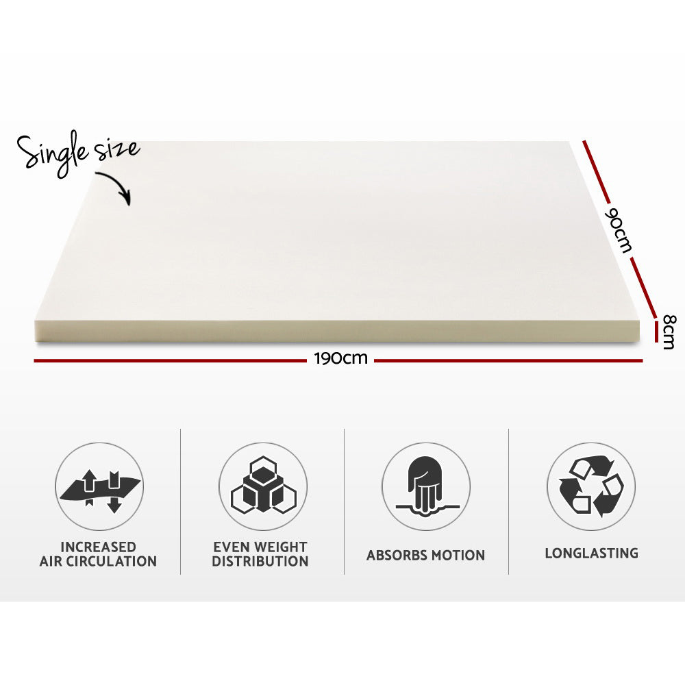 Giselle Bedding Memory Foam Mattress Topper with a removable cover, showcasing its 8cm thickness and luxurious design.