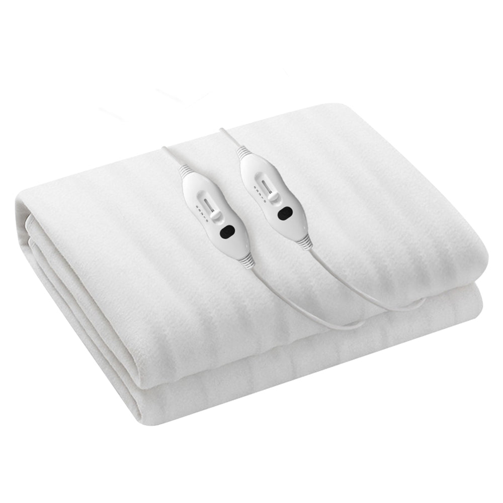 Giselle Bedding Queen Size Electric Blanket in white, showcasing its soft polyester fabric and detachable remote controls.