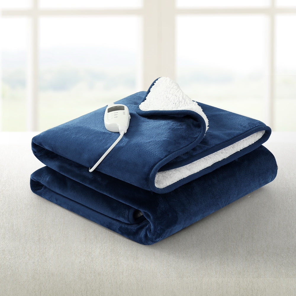 Giselle Electric Throw Rug in navy blue, showcasing premium flannel and sherpa fabric with a detachable controller.