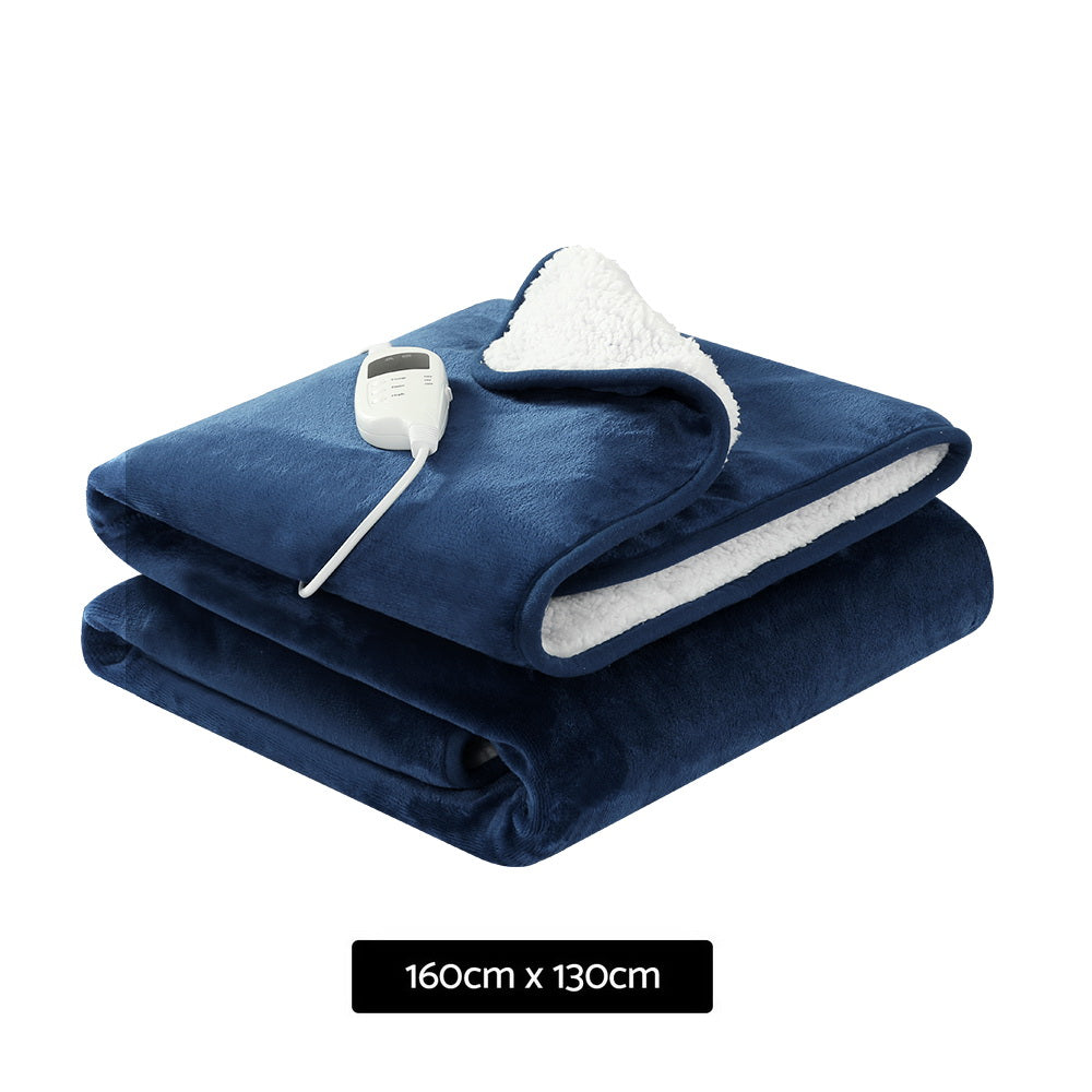 Giselle Electric Throw Rug in navy blue, showcasing premium flannel and sherpa fabric with a detachable controller.