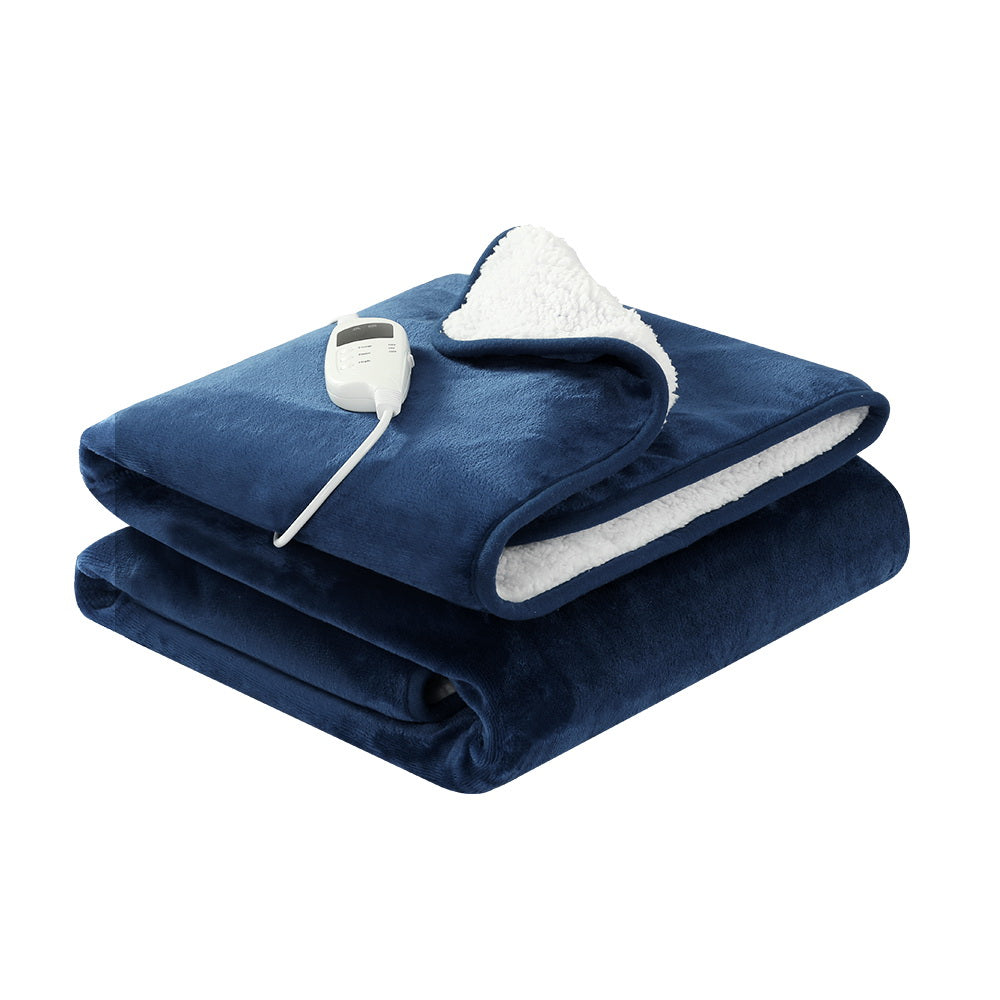 Giselle Electric Throw Rug in navy blue, showcasing premium flannel and sherpa fabric with a detachable controller.