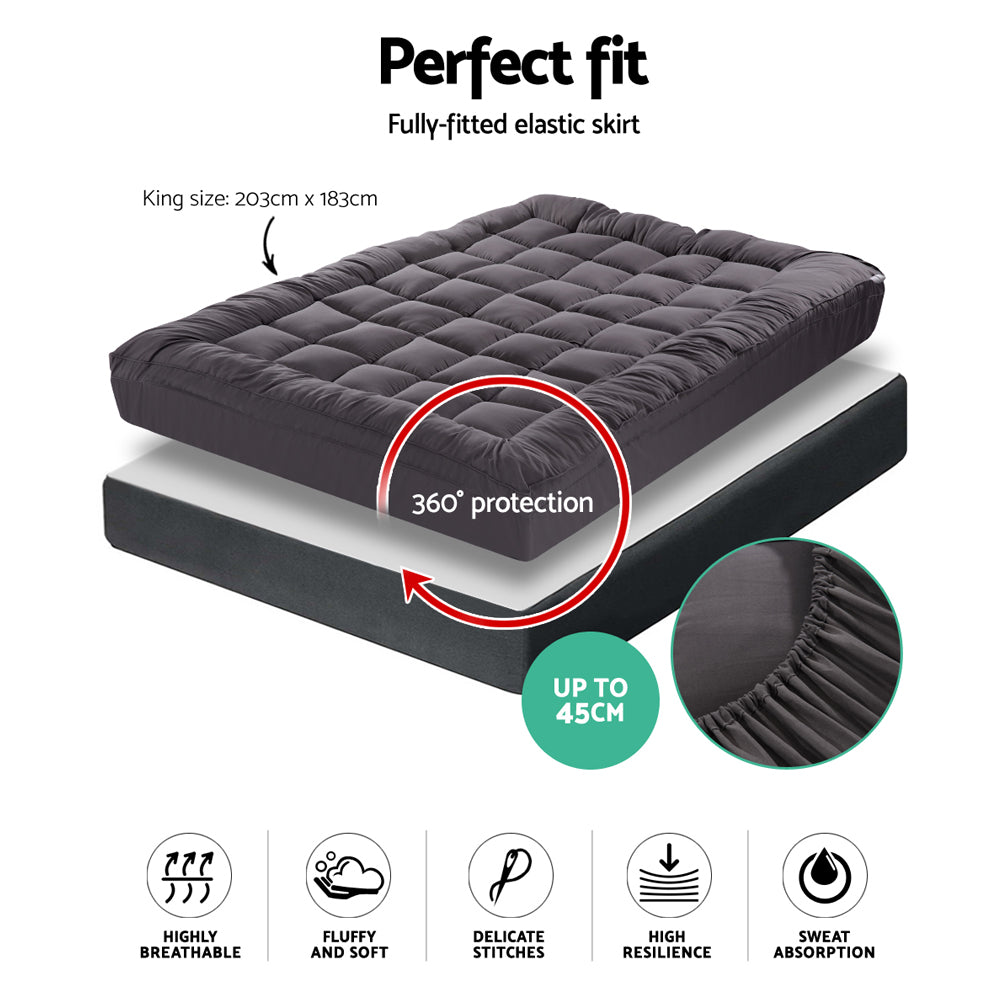 Giselle King Mattress Topper Pillowtop featuring 1000GSM bamboo charcoal microfibre with diamond-pattern stitching.