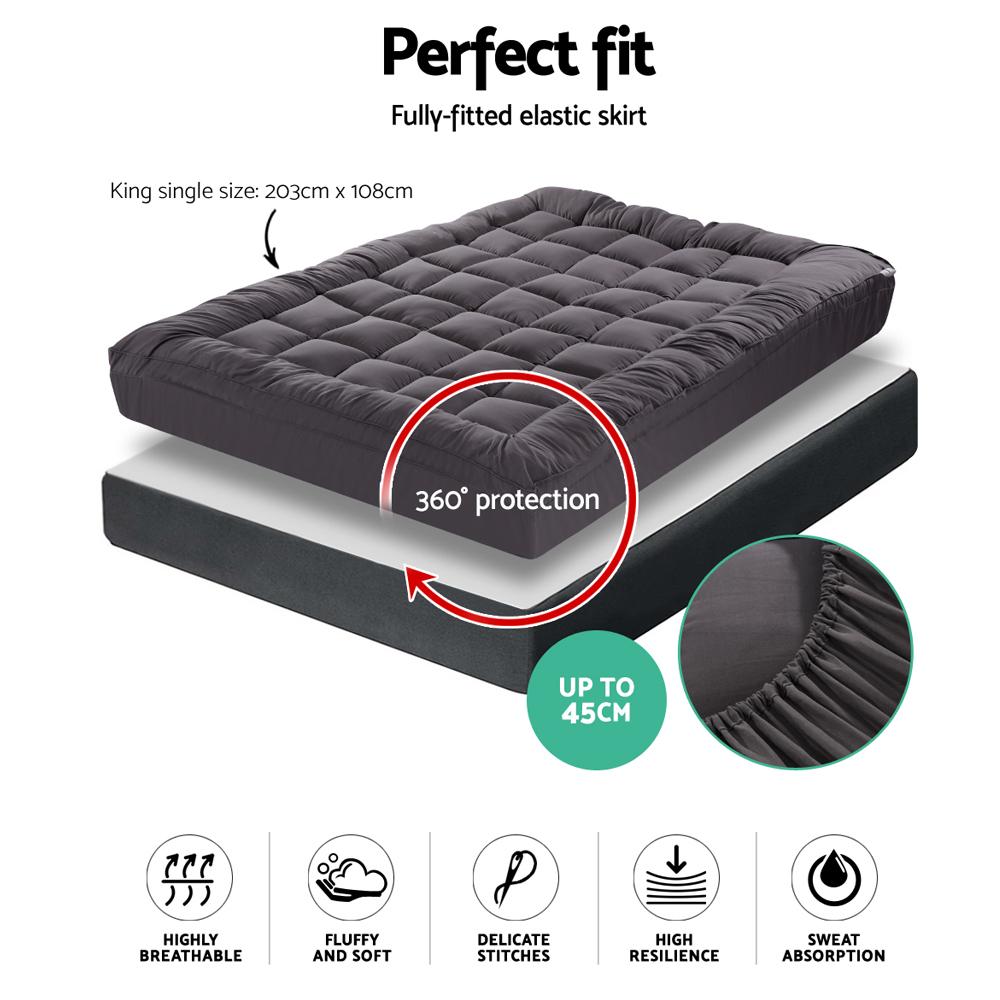 Giselle King Single Mattress Topper Pillowtop 1000GSM Charcoal with bamboo charcoal microfibre filling and diamond-pattern stitching.