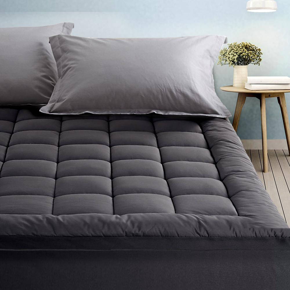 Giselle King Single Mattress Topper Pillowtop 1000GSM Charcoal with bamboo charcoal microfibre filling and diamond-pattern stitching.