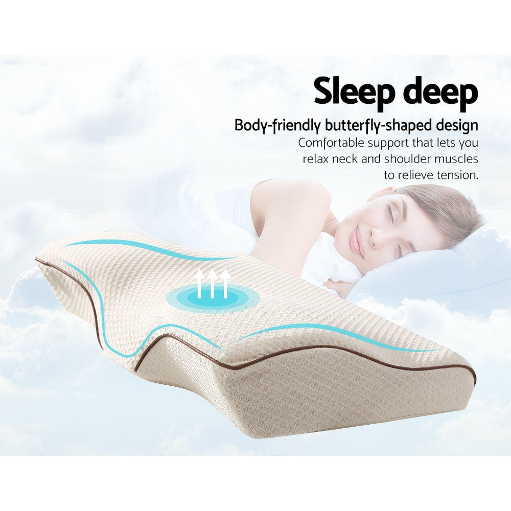 Giselle Memory Foam Pillow featuring a butterfly shape for neck support, made of high-density foam with a removable cover.