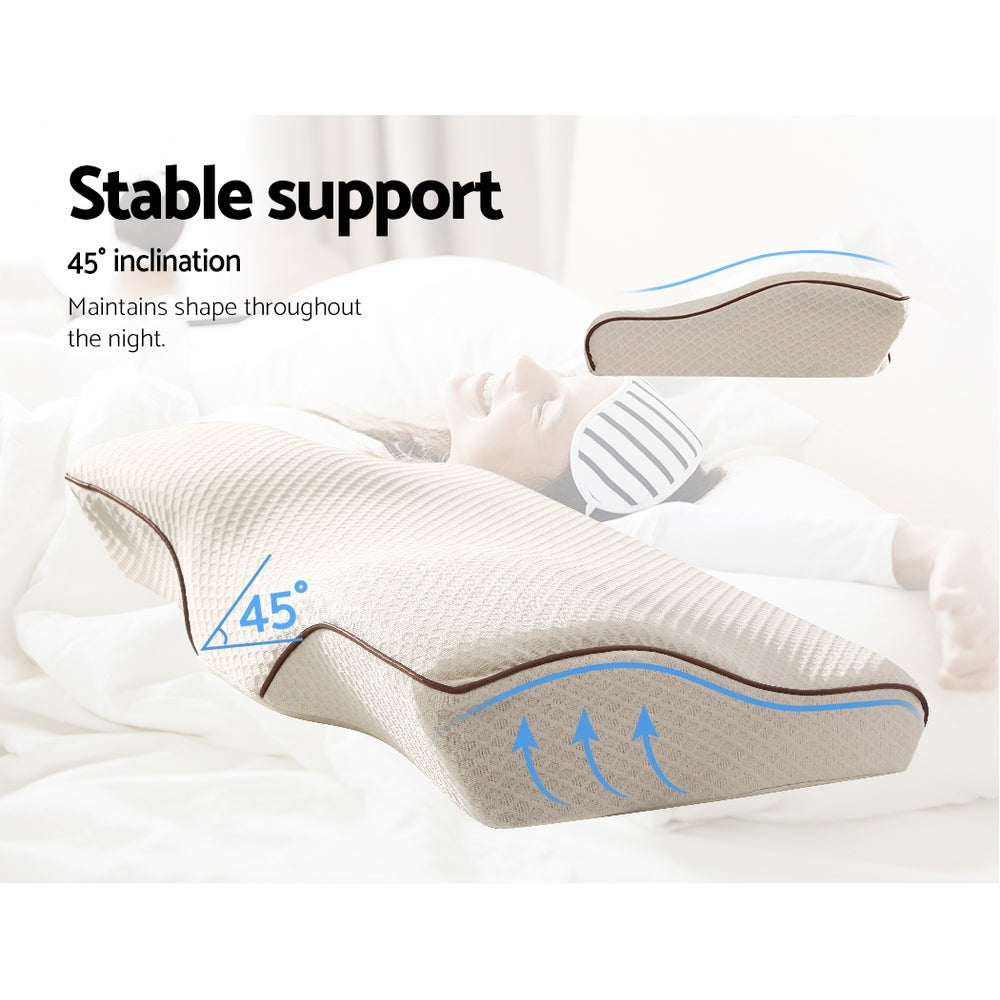 Giselle Memory Foam Pillow featuring a butterfly shape for neck support, made of high-density foam with a removable cover.