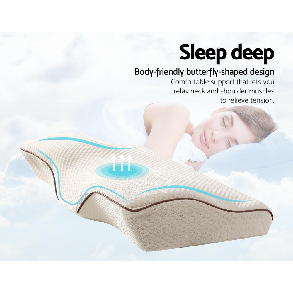 Giselle Memory Foam Pillow featuring a contoured butterfly shape, designed for neck and shoulder support.