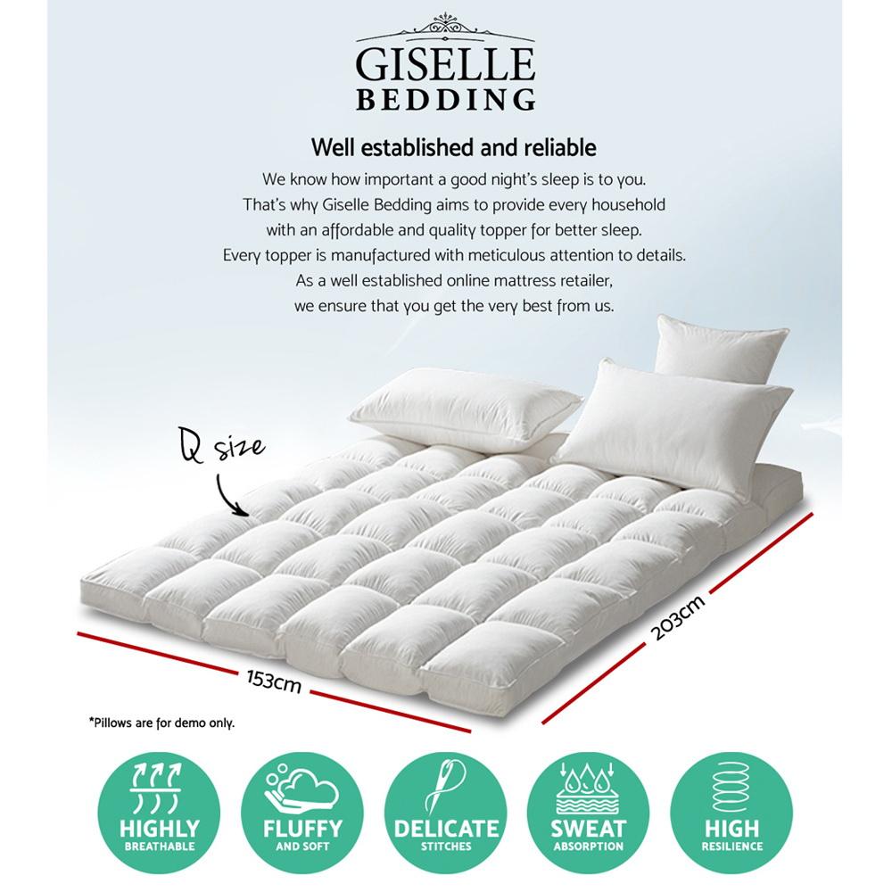 Giselle Queen Mattress Topper with 1000GSM microfibre filling, showcasing its plush surface and fitted elastic skirt.