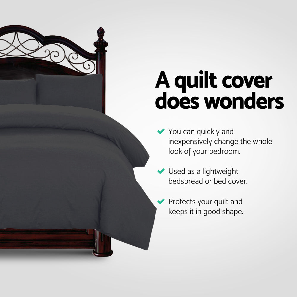 Giselle Quilt Cover Set in classic black, featuring pinch pleated design, includes two pillowcases and a quilt cover for queen beds.