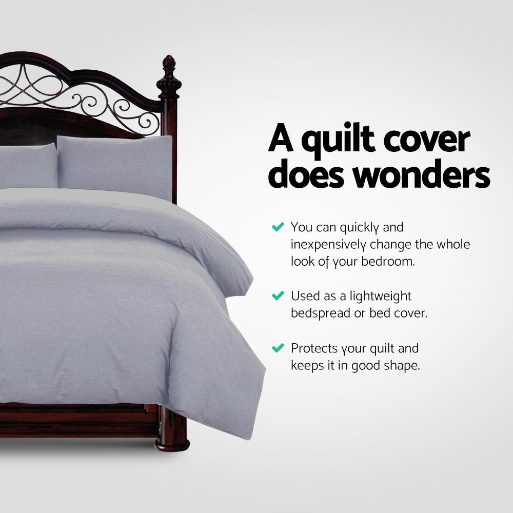 Giselle Quilt Cover Set in Classic Grey, featuring pinch pleated design, two pillowcases, and a quilt cover, perfect for queen beds.