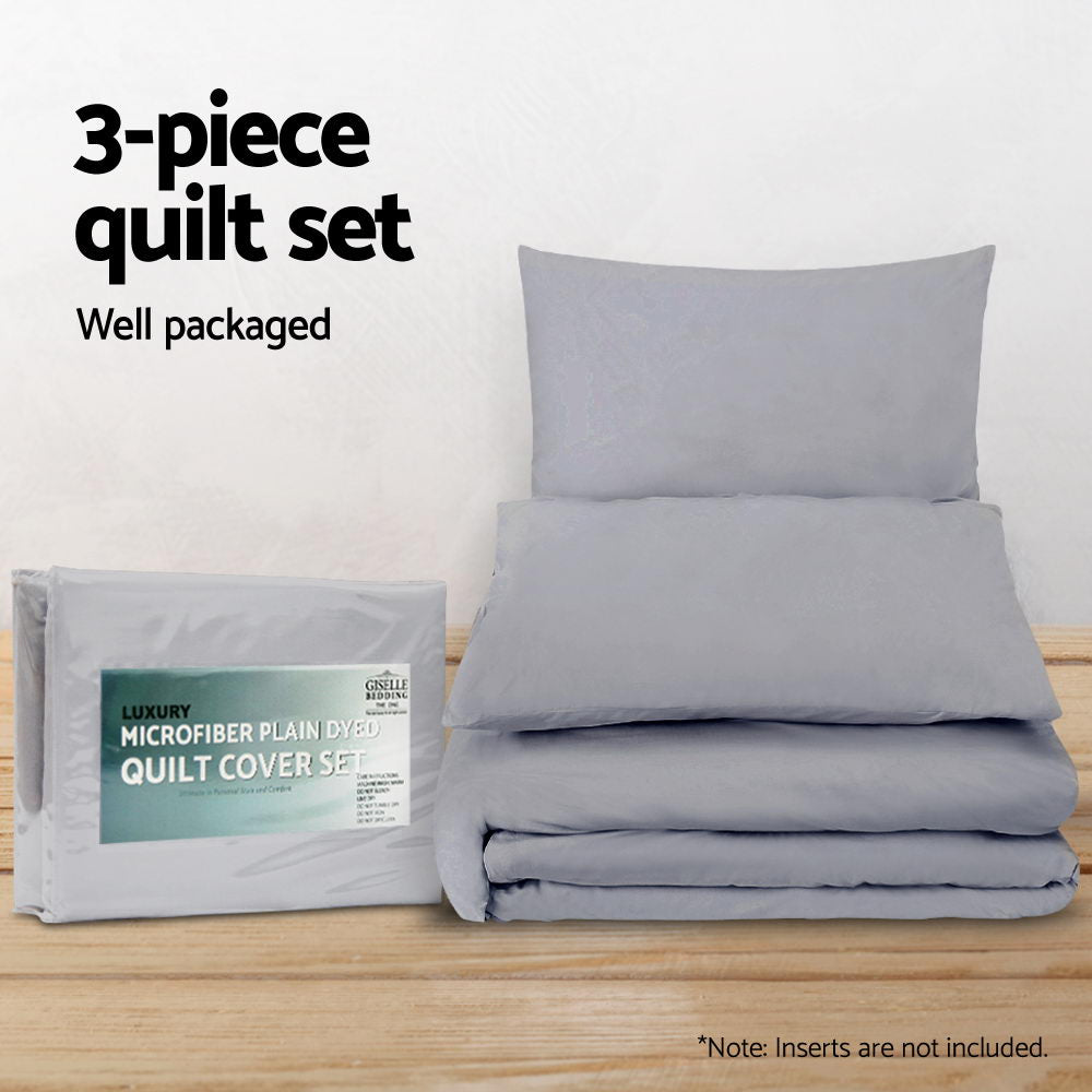 Giselle Quilt Cover Set in Classic Grey, featuring pinch pleated design, two pillowcases, and a quilt cover, perfect for queen beds.