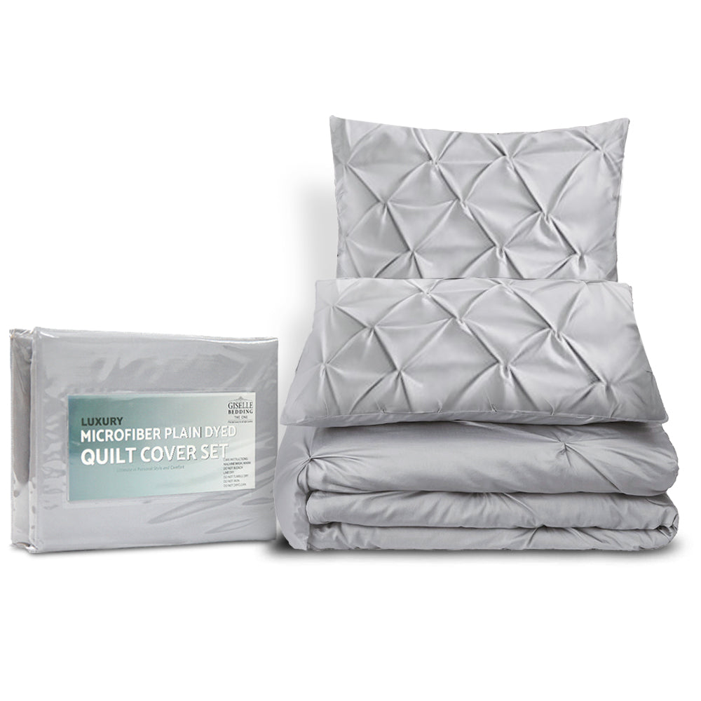 Giselle Quilt Cover Set in Diamond Pinch Grey for Super King beds, featuring luxurious pinch pleated design and soft microfibre material.