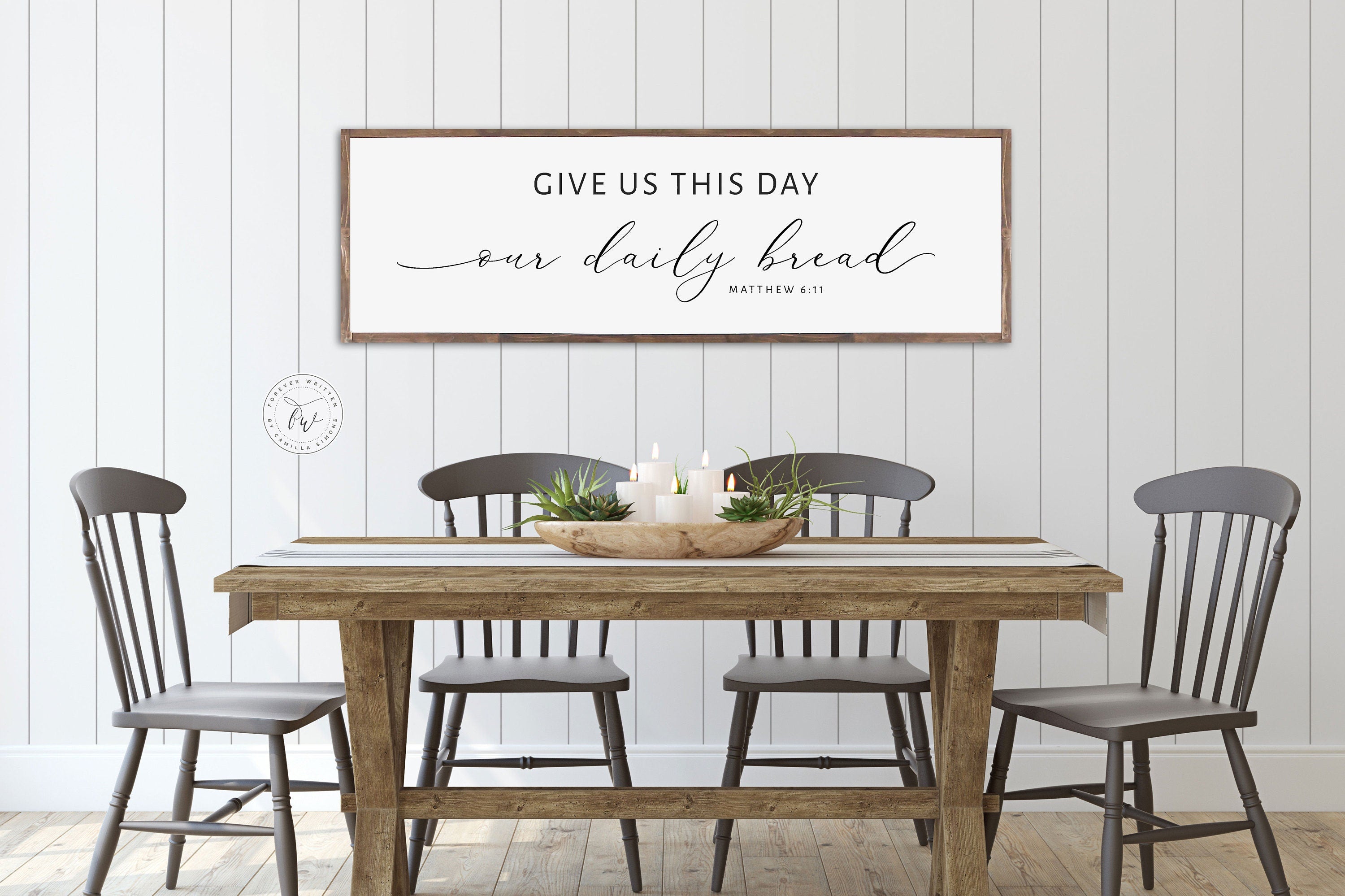 Rustic handmade wood sign featuring the verse 'Give Us This Day Our Daily Bread' from Matthew 6:11, framed and stained in customizable colors.