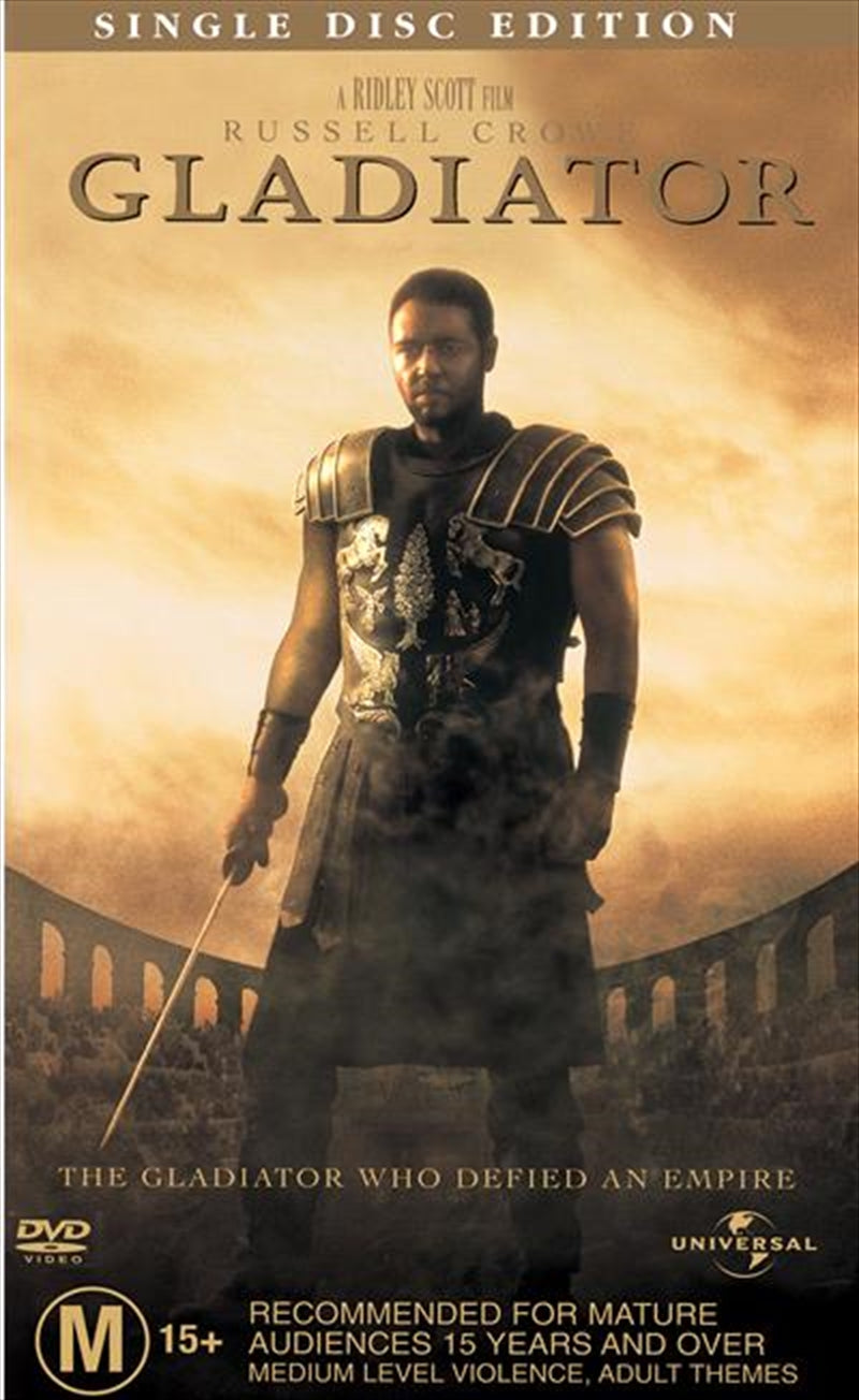 Gladiator Single Disc Edition DVD cover featuring Russell Crowe as Maximus in a dramatic pose.