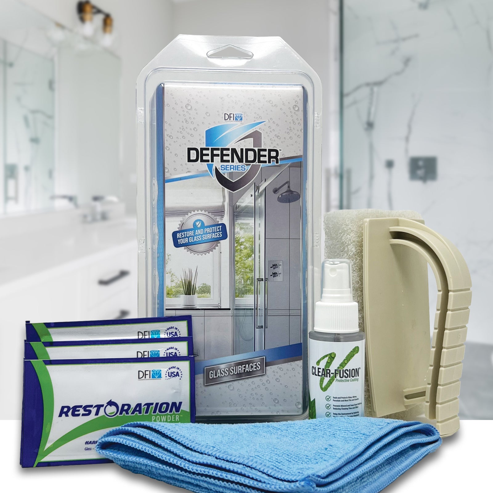 Glass Defender™ Kit including Restoration Powder, Scrubber Pad, Clear-Fusion™ V Bottle, and Microfiber Towel for glass treatment.