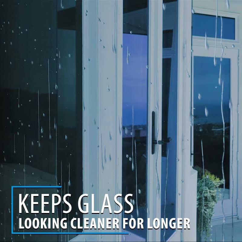 Glass Defender™ Kit including Restoration Powder, Scrubber Pad, Clear-Fusion™ V Bottle, and Microfiber Towel for glass treatment.