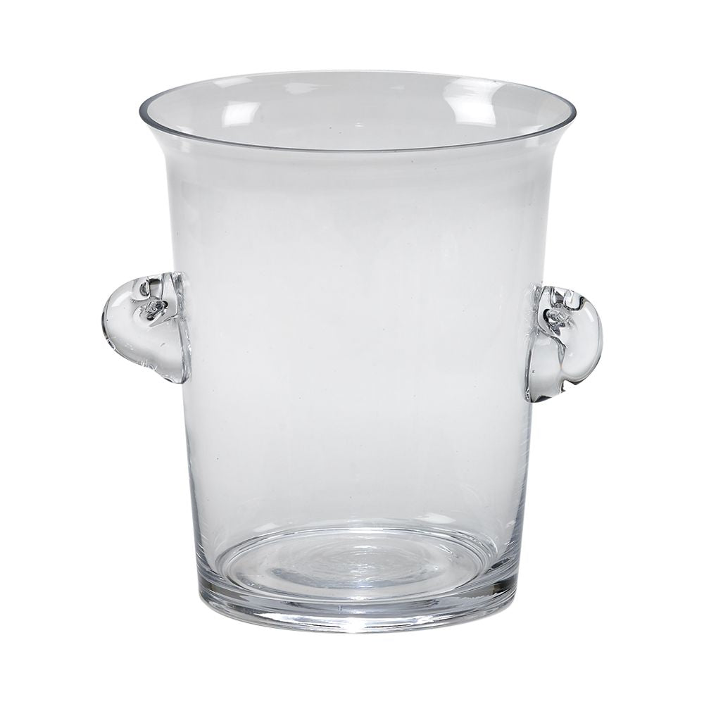 Clear glass ice bucket with two handles, perfect for chilling wine or champagne.