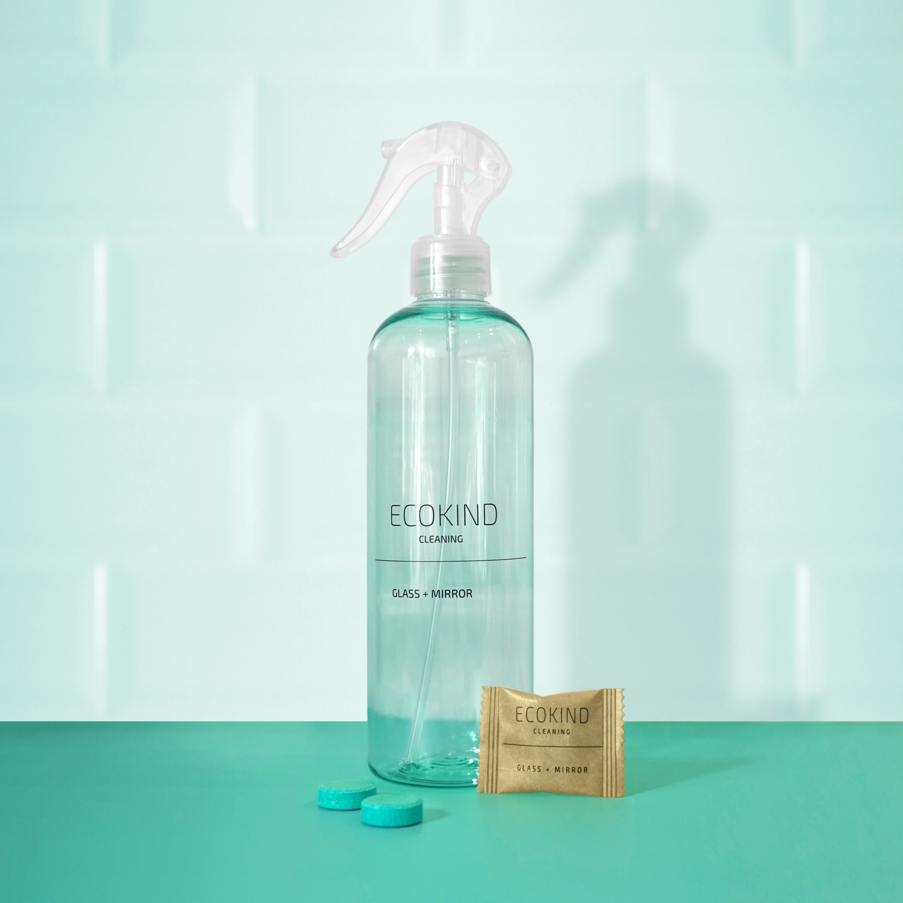 Glass + Mirror Starter Set with eco-friendly cleaning tablets and spray bottle for streak-free shine.